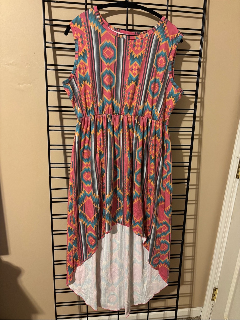 Crazy Train Womens Aztec High-Low Dress in Pink & Teal